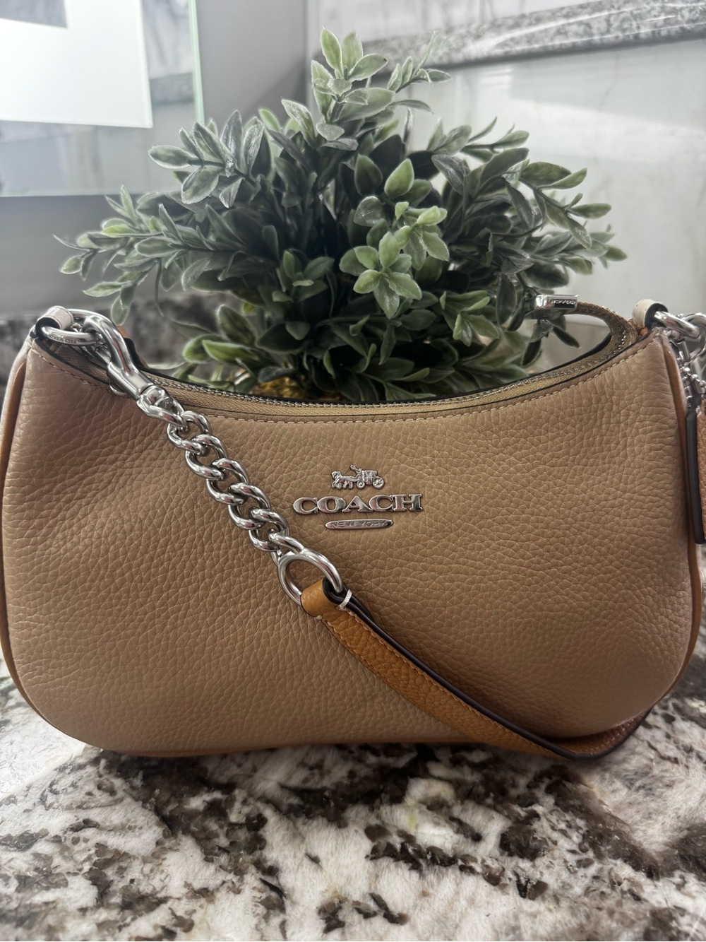 COACH Teri Shoulder Bag in Color block Pebbled Leather Chain Strap Chalk/Tan